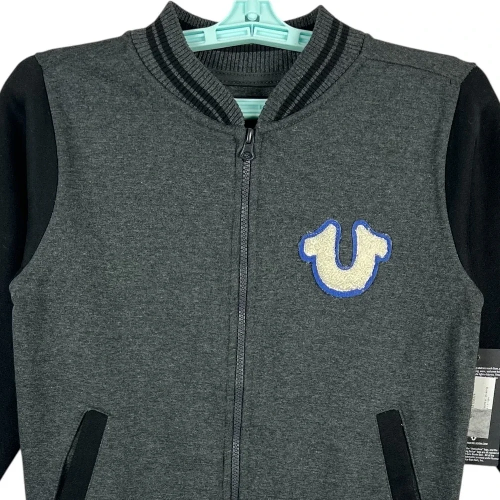 True Religion Boys Graphic Zip-Up Jacket M (10/12) Black‎ & Gray Ribbed Trim NWT